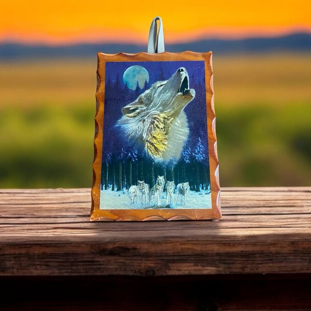 Vintage Howling Wolf Art Print On Wood Plaque Shiny Mystical Wall Cabin Decor